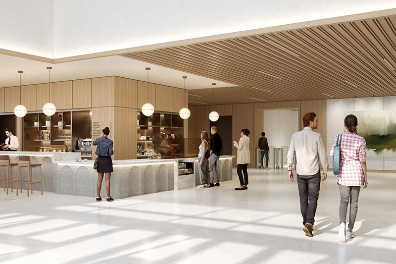Rendering of open concept office and lab space with terrace
